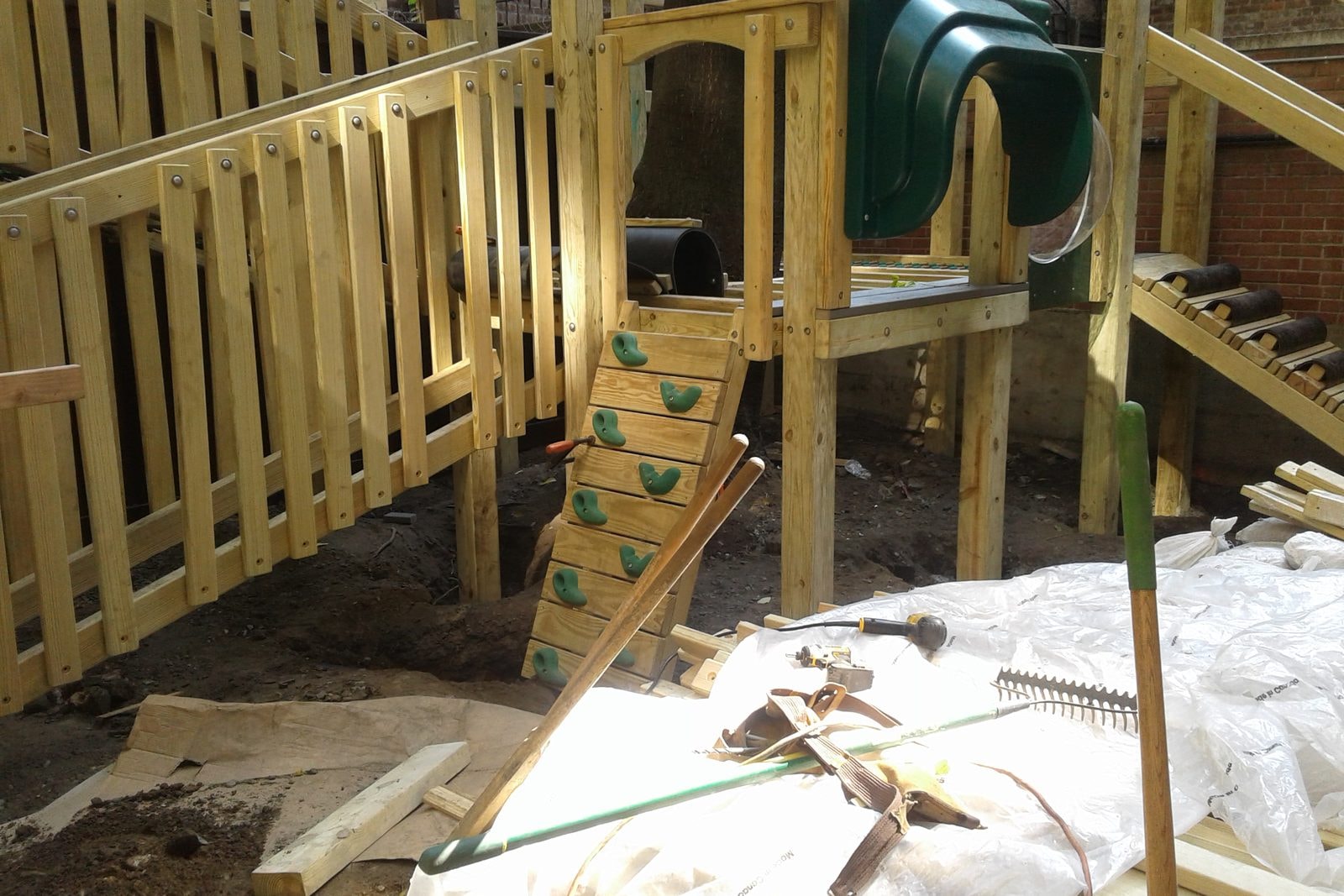 Construction: the tower frame with a climbing wall installed.