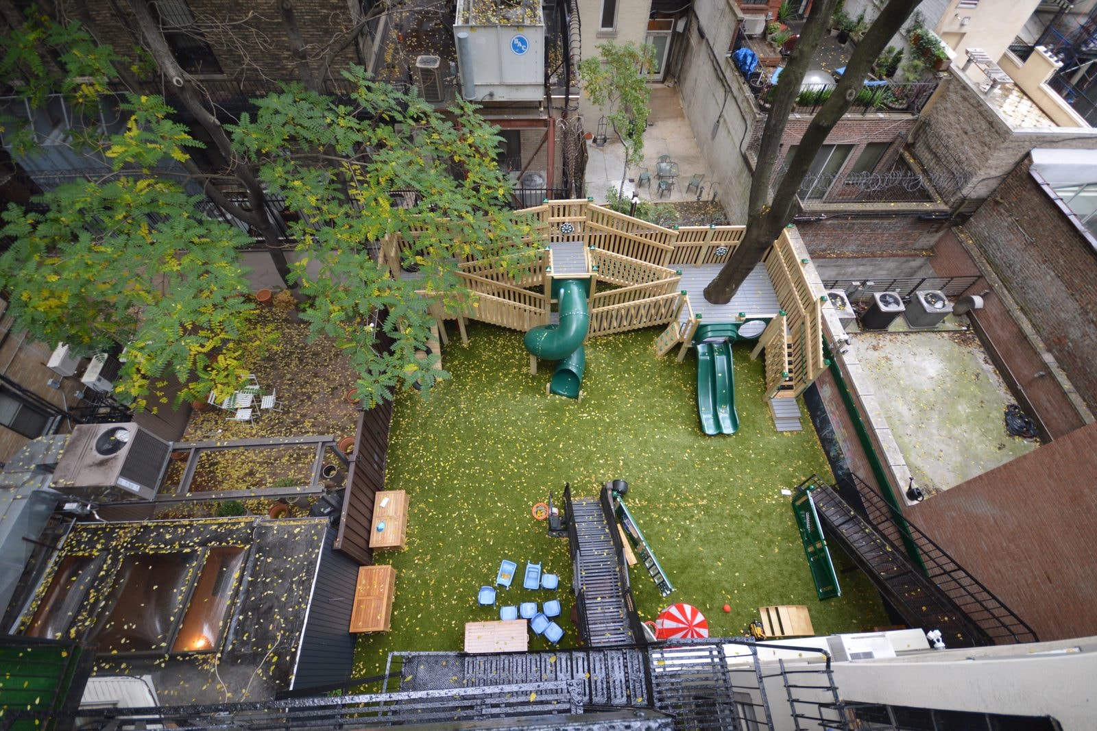 Finished: overhead view of the courtyard play area among Manhattan townhouses.