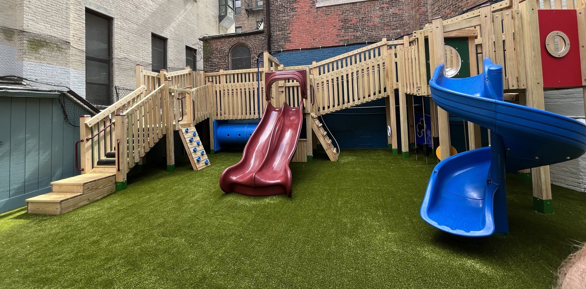 The natural wood playground at Caedmon School in New York, NY.