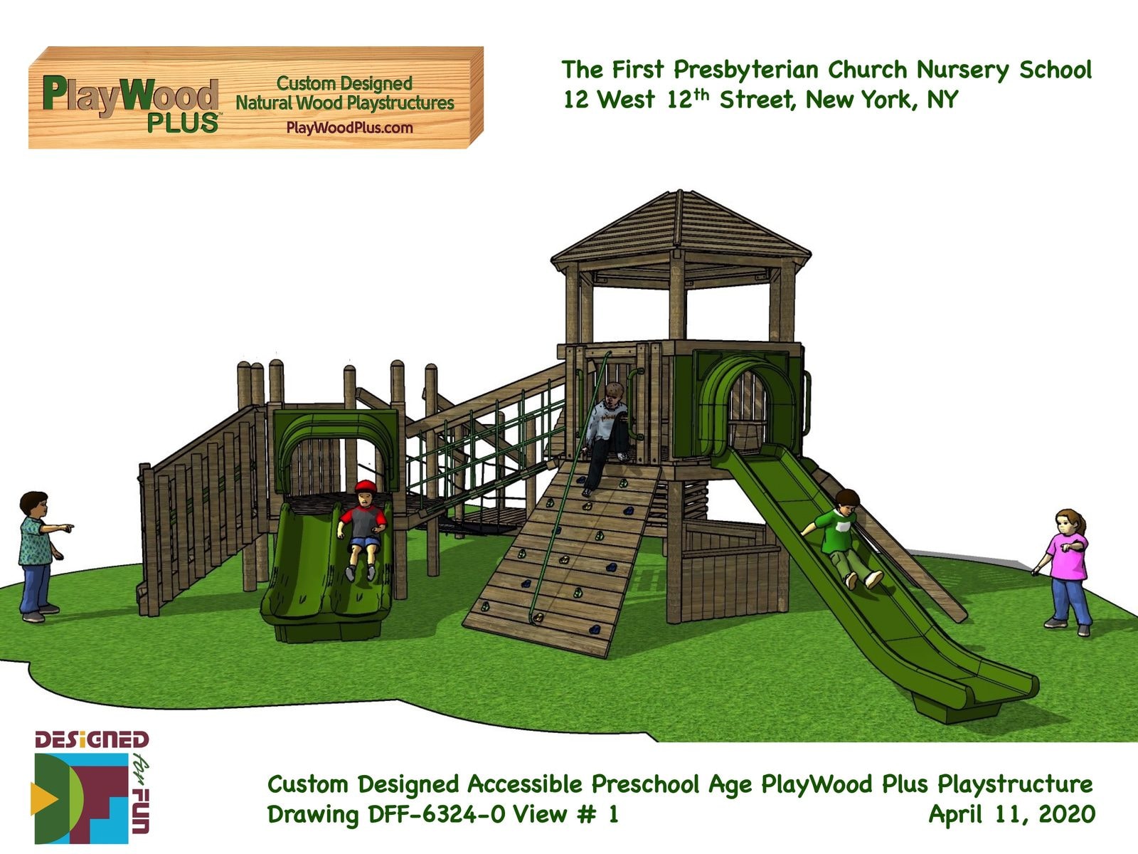 Design rendering, view 1: the PlayWood Plus structure for First Presbyterian Church Nursery School with tower, slides and climbing wall.