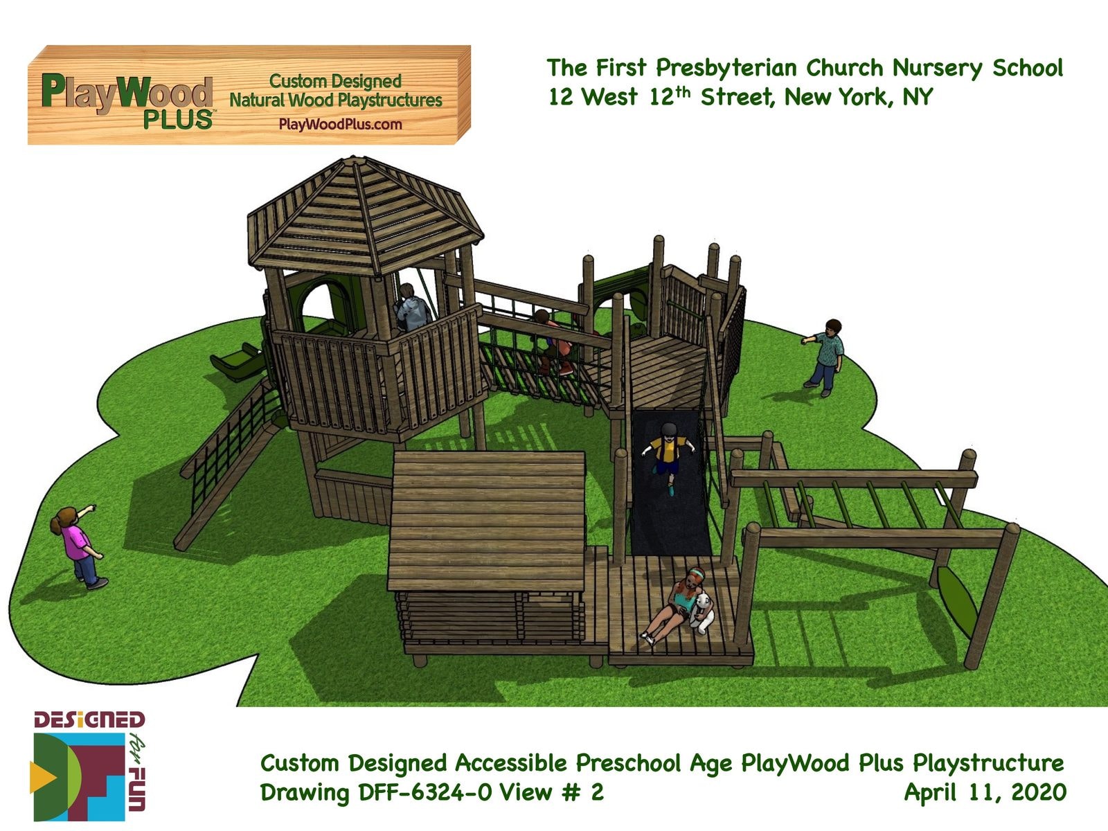 Design rendering, view 2: rear view showing the playhouse, tower and hand-over-hand ladder.