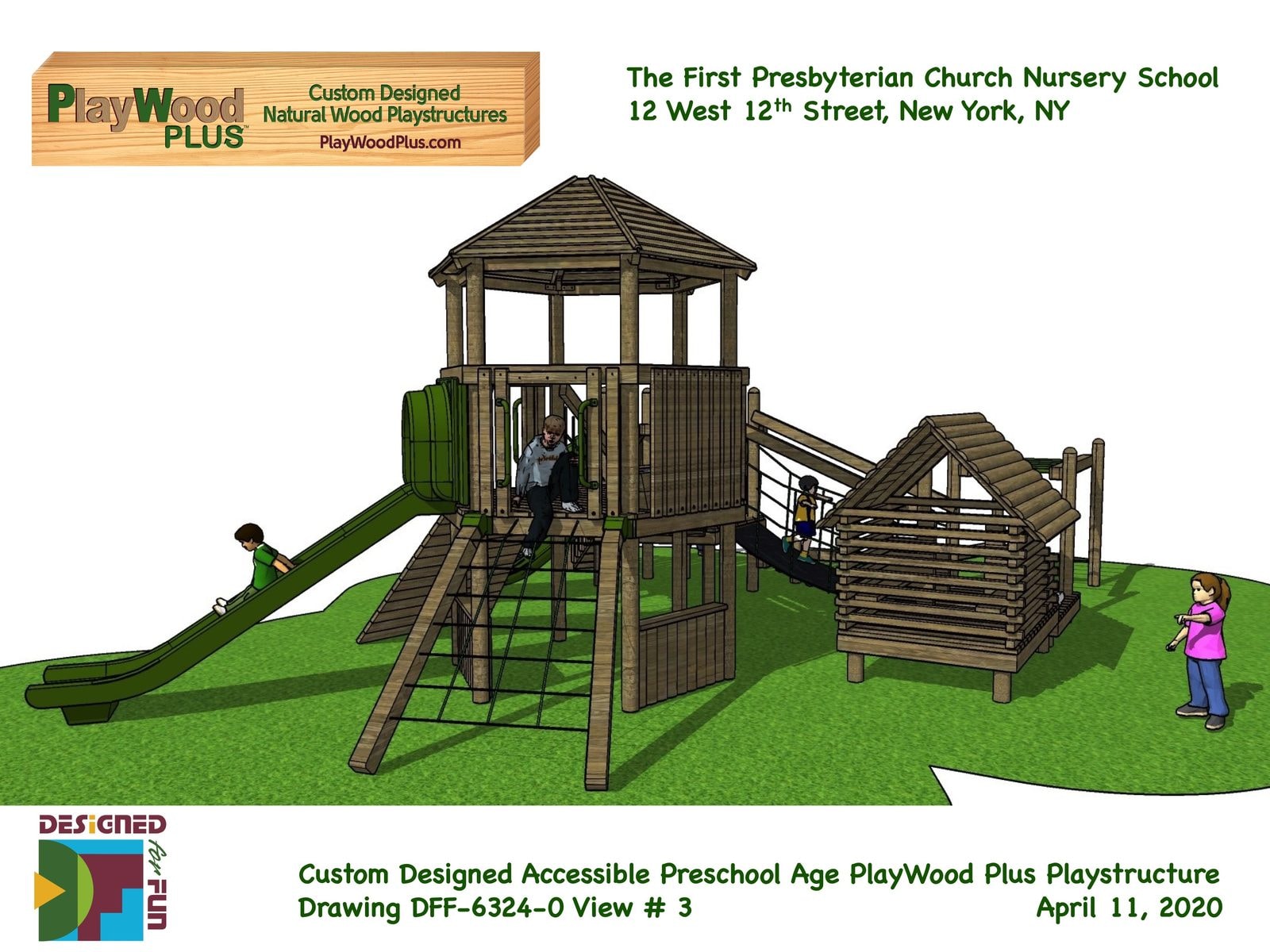 Design rendering, view 3: side view of the tower, slide and log-cabin playhouse.