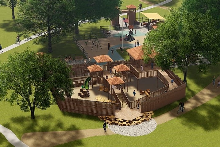 Design rendering: overview of the Tumlinson Playscape fort and park
