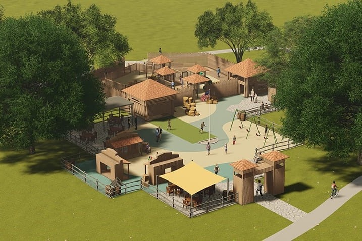 Design rendering: the playscape and winding paths seen from above