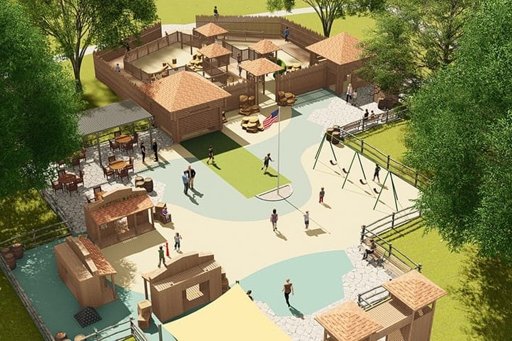 Design rendering: swings and walking paths beside the fort