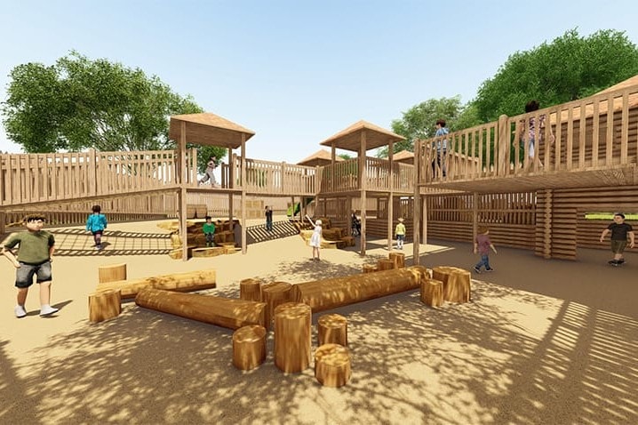Design rendering: log play area below the raised walkways