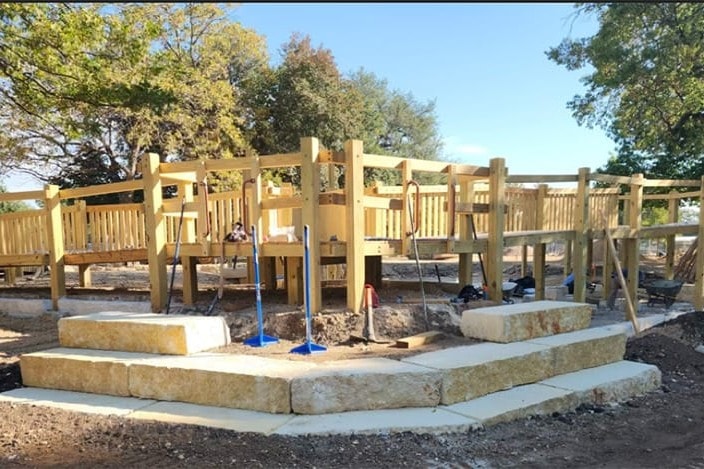 Limestone seating and framing under construction