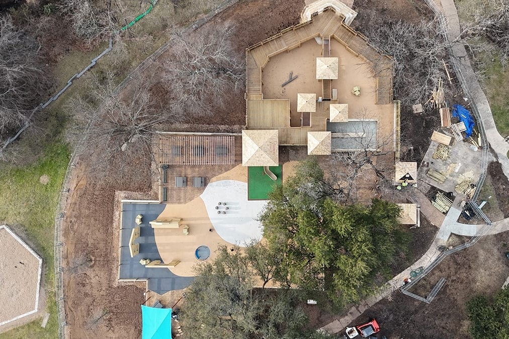 Drone view of the playscape and park during construction