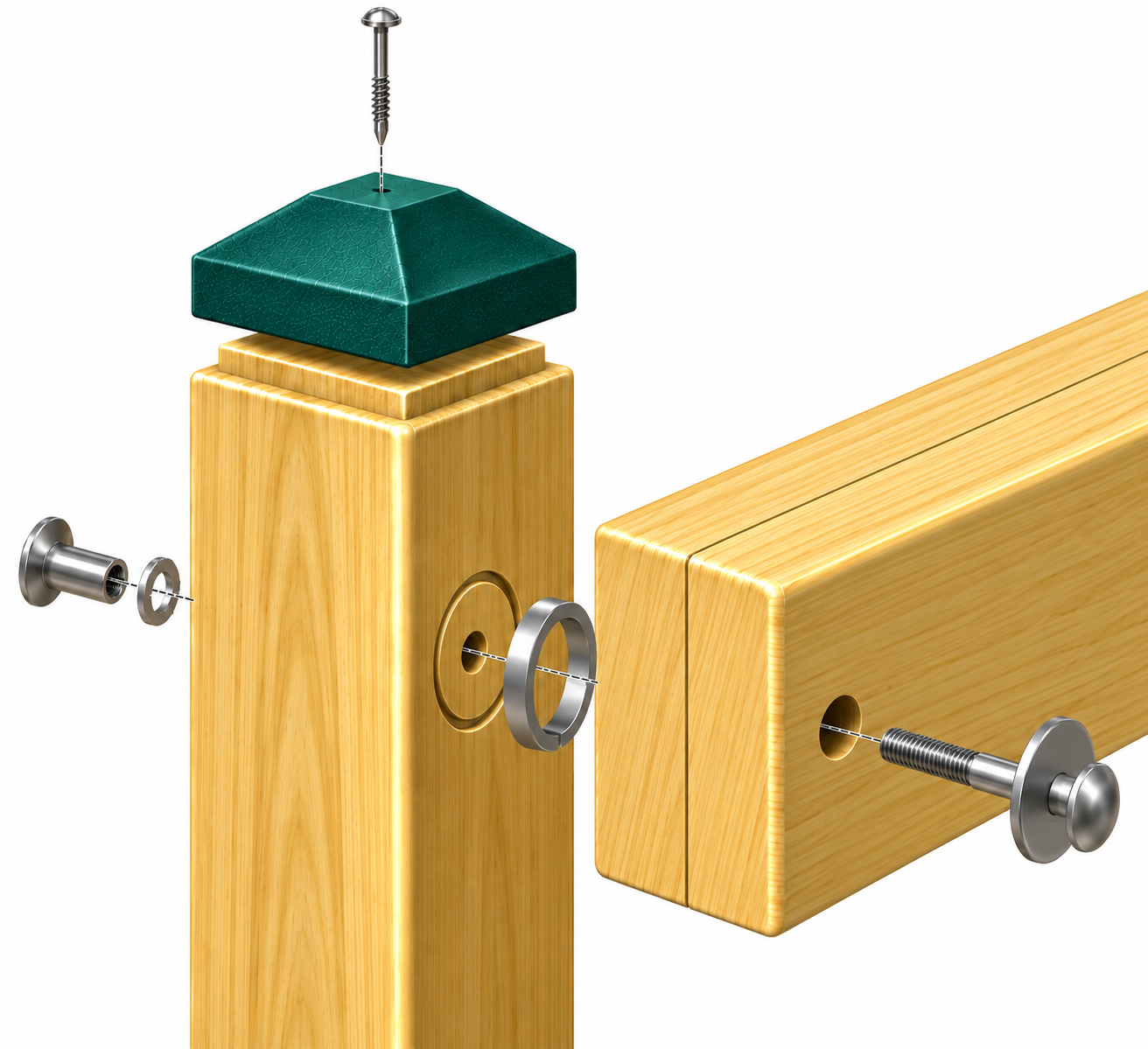 Wooden post with teal cap and stainless steel hardware showing durable construction
